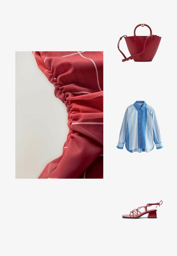 Blauw-wit gestreepte button-up shirt met lange mouwen, relaxte pasvorm, enkele borstzak en contrasterende patronen op de mouwen en het lichaam.; Rode, gestructureerde stof met geplooide details en witte lijnpatronen, die een gladde en iets glanzende uitstraling toont.; Rode sandaal met hakken, gemaakt van glanzende materialen. Heeft een vierkante neus, een ingewikkeld schouderontwerp en een dikke blokhak.; Rode leren handtas met een afgeronde bovenkant, gestructureerde kegelvorm, een kort handvat en een afneembare schouderband. Voorzien van gouden hardwareaccenten.