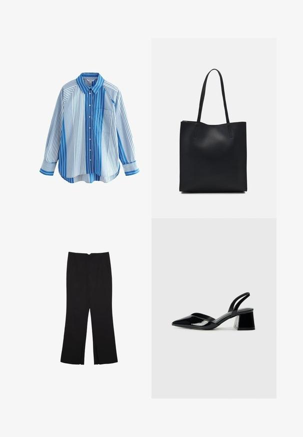 Blau-weiß gestreiftes Hemd mit langen Ärmeln, lässiger Schnitt, einer Brusttasche und kontrastierenden Mustern auf Ärmeln und Körper.; Schwarze Hose mit geradem Schnitt, ausgestattet mit Fronttaschen und Seitenschlitzen am Saum. Hergestellt aus weichem, glattem Stoff. Geeignet für verschiedene Anlässe.; Schwarze Lackleder-Slingback-High Heels mit spitzem Schuh und einem geometrischen Blockabsatz. Verfügt über ein schlankes, minimalistisches Design und eine glatte Textur.; Schwarze Laptoptasche aus Leder mit glatter Textur, rechteckiger Form und zwei langen Griffen. Keine sichtbaren Beschläge oder Verzierungen.