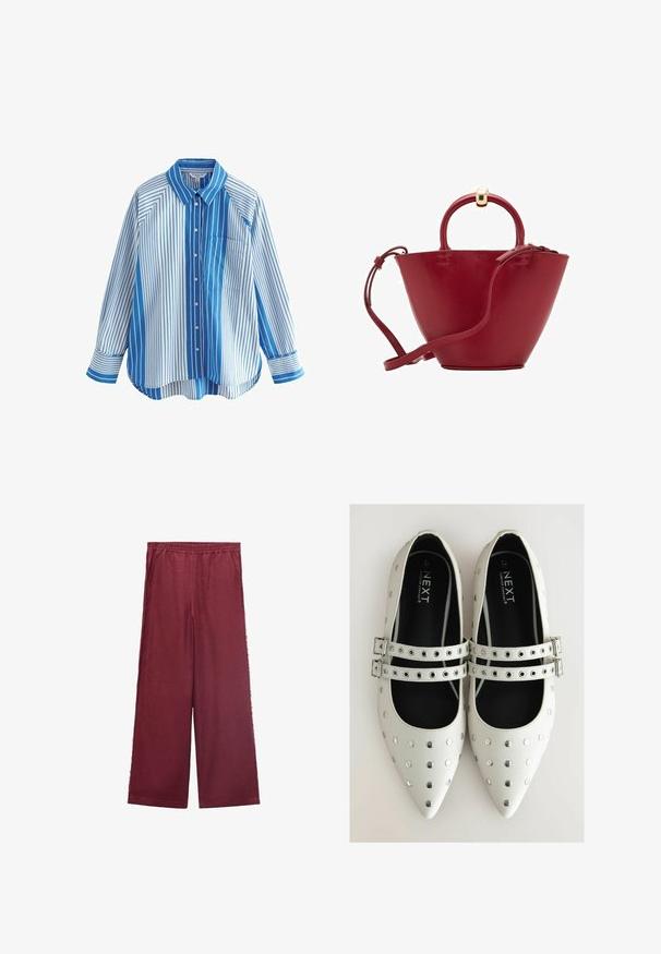 Blau-weiß gestreiftes Hemd mit langen Ärmeln, lässiger Schnitt, einer Brusttasche und kontrastierenden Mustern auf Ärmeln und Körper.; Burgunderfarbene weit geschnittene Hose aus weichem Material, mit einem elastischen Bund, zwei Seitentaschen und einer lässigen Silhouette.; Weiße Lederflachschuhe mit spitzen Zehen, ausgestattet mit silbernen Nieten und zwei Riemen mit Schnallen über dem Spann. Schwarze Innenausstattung.; Rote Lederhandtasche mit abgerundetem Oberteil, strukturierter Kegelform, einem kurzen Henkel und einem abnehmbaren Schultergurt. Verfügt über Akzente aus goldfarbener Hardware.