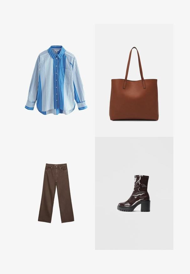 Modra in bela prostrana srajca s kratkimi rokavi, sproščenega kroja, z enim žepom na prsih in kontrastnimi vzorci na rokavih in telesu.; Široke rjave kavbojke iz denima, ki imajo visok pas, sprednje žepe in klasično zapiranje na gumb. Gladka tekstura s subtilnim šivom.; Sijajan škrlatank z bleščečim videzom, z masivnim črnim peto, ki se ponaša z gladko teksturo in preprostim dizajnom. Brez vidnih zapenjal ali vzorcev.; Rjava usnjena torba z gladko teksturo, odprto zasnovo zgoraj in dvema naramnima trakovoma. Opremljena je z minimalnim šivanjem in brez vidnih kovinskih delov.