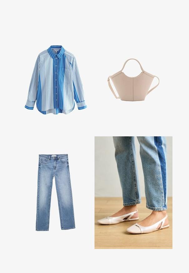 Camicia a maniche lunghe con righe blu e bianche, vestibilità rilassata, taschino sul petto e motivi contrastanti su maniche e corpo.; Jeans in denim blu a gamba dritta, con un lavaggio sbiadito, cinque tasche e una chiusura a bottone classica. Materiale in cotone con cuciture ben visibili.; Ballerine slingback rosa pallido con punta affusolata, realizzate in un materiale simile alla pelle liscio. Presentano dettagli a taglio sui lati e un tacco piatto.; Borsa in pelle beige con una forma unica, caratterizzata da due manici corti e una lunga tracolla regolabile. Texture liscia con hardware minimale.