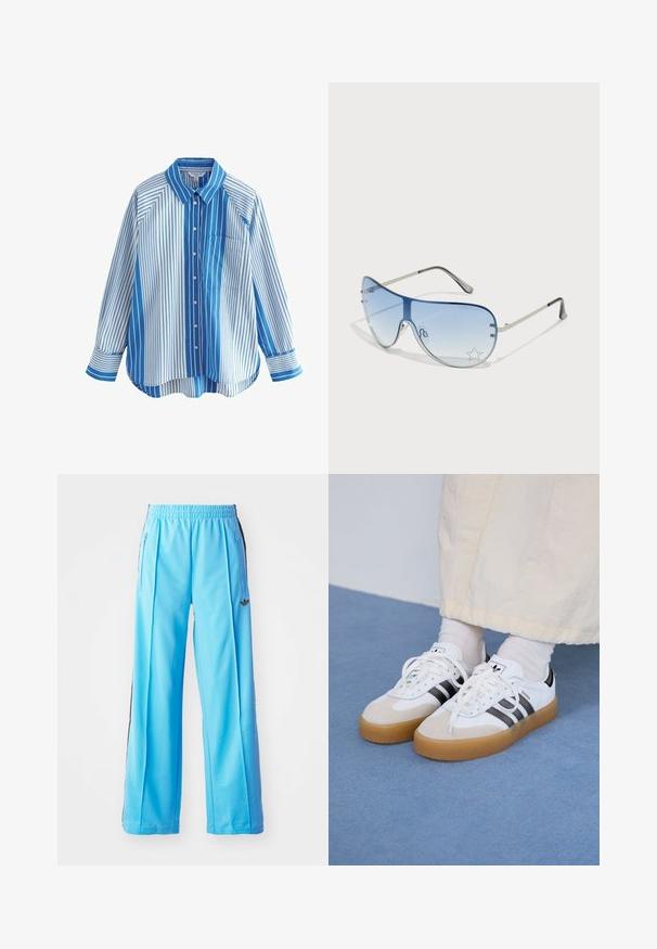 Modrá a bílá pruhovaná košile s dlouhými rukávy, volný střih, jedno náprsní kapsa a kontrastní vzory na rukávech a těle.; Světle modré sportovní kalhoty s elastickým pasem, bočními zipy a černými bočními akcenty. Měkká tkanina s volným, širokým střihem.; Bílé tenisky s černými pruhy a béžovými semišovými akcenty. Mají texturovanou gumovou podrážku a ploché bílé tkaničky, nošeny s světlými ponožkami.; Pilotské sluneční brýle s modrými gradientními skly, stříbrným kovovým rámem a dekorativními hvězdnými akcenty na sklech. Hladký a elegantní design.
