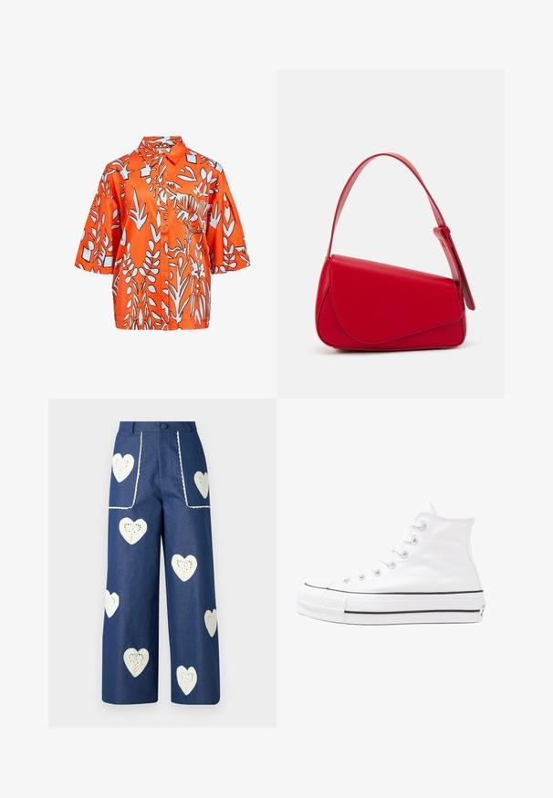 Camisa de manga corta en satén naranja brillante con patrones de plantas y geométricos en blanco, con cuello y cierre de botones en la parte delantera.; Sister Jane HEART TO HEART - Vaqueros rectos - blue denim; Zapatilla de lona alta blanca con suela de goma negra, puntera de goma frontal y seis ojetes para los cordones, que presenta un diseño limpio y minimalista.; Bolso de cuero rojo con un diseño angular y geométrico. Cuenta con una única correa ajustable y un cierre de solapa con detalles de costura.