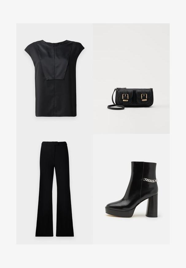Svarte kortermede topp laget av glatt stoff med en bred hals, en rektangulær frontdesign og en diskret glidelås bak.; Sorte vide bukser med jevn tekstur, skreddersydd linning og frontlommer, designet med en slank, moderne silhuett.; Svart lakkert skinnankelstøvel med tykk plattform og høy blokkhel. Har en sølvkjedeakkent på siden. Glatt tekstur.; Svart skinn crossbody veske med to frontlommer, gyldne spenner, glidelåslukking og en slank stropp. Teksturert overflate og kompakt rektangulær form.