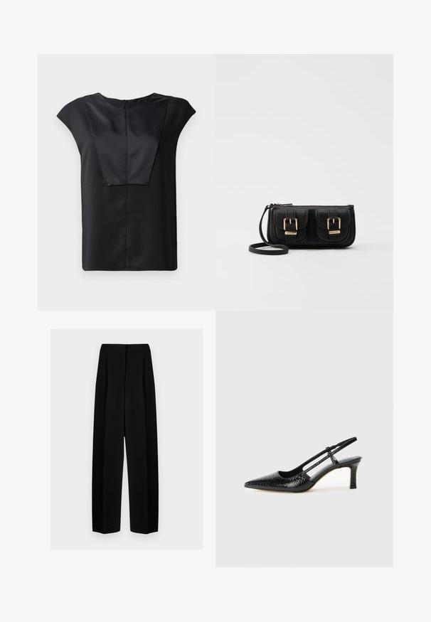 Fekete, rövid ujjú felső, sima anyagból, széles nyakkivágással, téglalap alakú elülső dizájnnal és diszkrét hátsó cipzárral.; Fekete, széles szárú nadrág magas derékkal, redők és sima textúra jellemzi. Az anyag könnyűnek tűnik és elegánsan hullámzik.; Fekete lakk slingback sarok, hegyes orral, texturált kígyómintával, állítható pánttal és rövid, texturált tömbsarkal.; Fekete bőr keresztbody táska két elülső zsebbel, arany csattokkal, cipzáras záródással és vékony pánttal. Textúrált felület és kompakt téglalap alak.