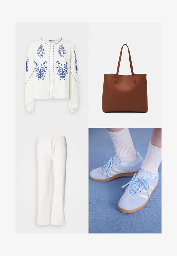 Fehér blúz kék hímzéssel, virágmintákkal, kis gallérral, elöl gombokkal és hosszú ujjakkal, melyek gyűrt mandzsettával rendelkeznek.; Fehér, laza szabású melegítőnadrág, puha anyagból készült, rugalmas derékkal és zsinórral, egyenes szárú kialakítással.; Világoskék velúr sportcipők fehér csíkokkal, lapos fűzőkkel és gumi talppal. Domború fehér zoknik vannak viselve a boka felett.; Barna bőr vászontáska sima textúrával, nyitott tetejű dizájnnal és két vállpánttal. Minimális varrással és látható hardver nélkül készült.