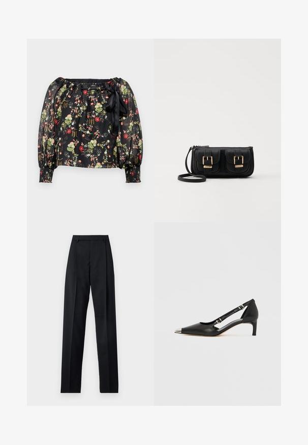 Juoda permatoma bluzonė su gėlių raštu, kuriame matomi raudoni, rožiniai ir žali žiedai. Elastingas apykaklė be pečių ir pūstos rankovės. Raištis juosmenyje.; Juodos kelnės iš lygaus audinio, pasižyminčios aukštu liemeniu, plačiomis kojomis, priekinėmis klostėmis ir klasikiais diržo kilpomis. Šoninių kišenių nematyti.; Juodos odos bateliai su žemu kulniuku, smailiu sidabro spalvos pirštinės gaubtu ir dvigubais dirželiais, ant balto fono.; Juodas odinis per petį nešiojamas krepšys su dviem priekiniais kišenėmis, auksiniais sagtimis, užtrauktuko uždarymu ir siauromis petnešomis. Textūruota paviršius ir kompaktiškas stačiakampis formatas.
