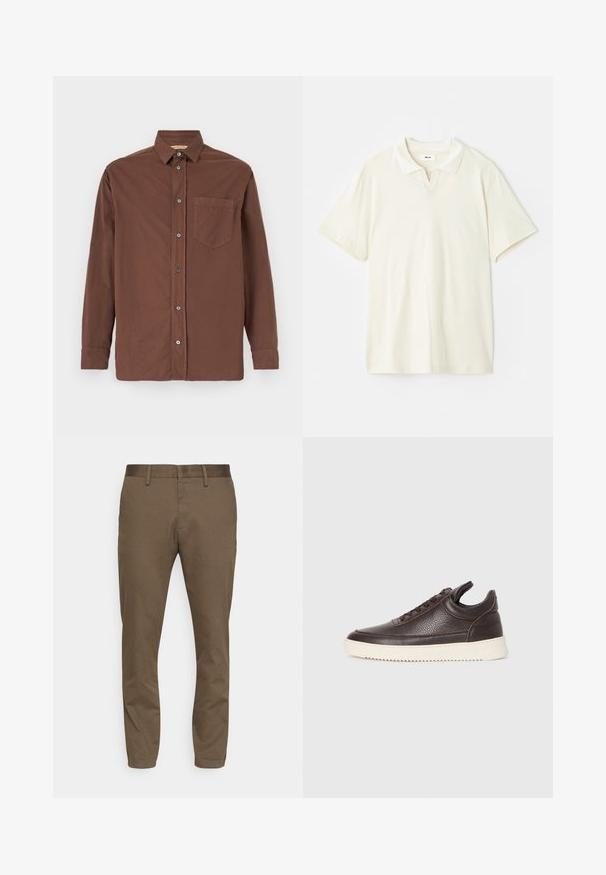 Καφέ πουκάμισο με κουμπιά, με γιακά, μακριά μανίκια, μία θήκη στο στήθος και γκρι κουμπιά, φτιαγμένο από υφαντό ύφασμα.; Κρέμα polo μπλούζα με κλασικό γιακά, κοντά μανίκια και ελαφριά διαπλάτυνση στον λαιμό. Λείο υλικό και μινιμαλιστική σχεδίαση.; Καφέ, παντελόνι από ελαστικό ύφασμα με στενή γραμμή. Διαθέτει λείο ελαστικό ζωνάκι, θηλιές ζώνης και δύο μπροστινές τσέπες.; Σκούρο καφέ υφασμάτινο δερμάτινο αθλητικό παπούτσι με δέσιμο μπροστά και λευκή ανάγλυφη καουτσούκ σόλα σε απλή ανοιχτόχρωμη φόντο.