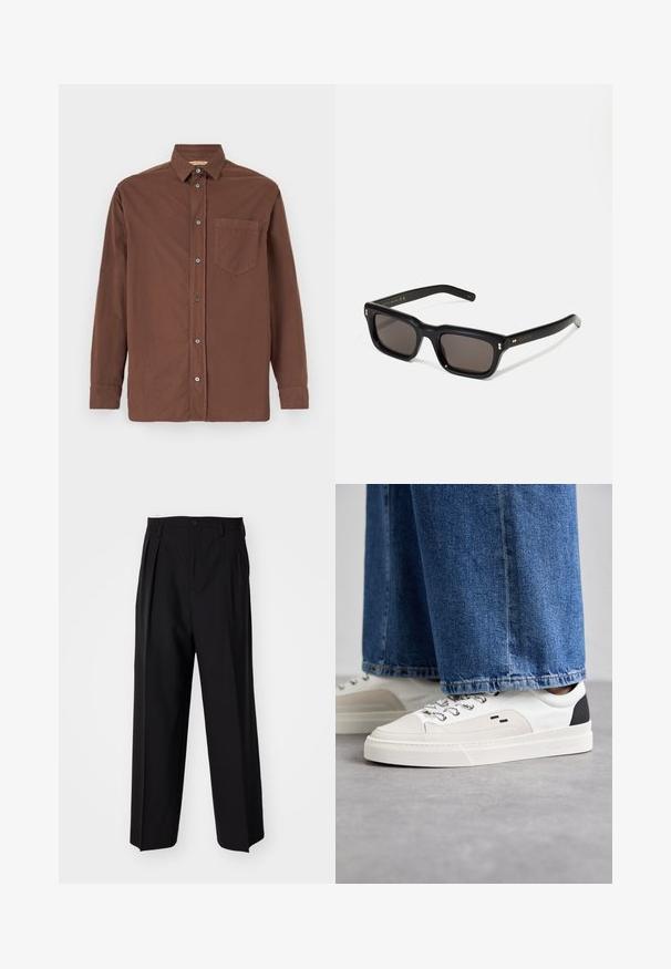 Rjava srajca z gumbi, ovratnikom, dolgimi rokavi, enim žepom na prsih in sivimi gumbi, izdelana iz teksturirane tkanine.; Črne nabirane hlače s ravnim, širokim krojem. Narejene so iz gladkega materiala in imajo zadrgo ter pasne zanke.; Bela in črna športna obuvala z gladkim usnjenim zgornjim delom, teksturiranimi detajli in masivnim belim podplatom. Imajo klasičen dizajn z vezalkami.; Črne pravokotne sončna očala s temnimi lečami, debelim plastičnim okvirjem, zlatimi detajli na templjih in izgravirano blagovno znamko na ročaju.