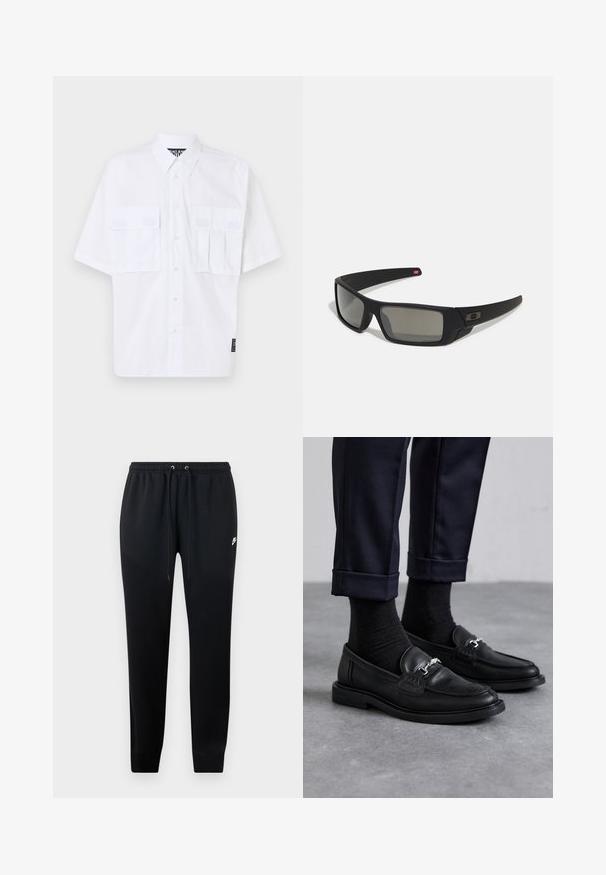 Bílá košile s krátkým rukávem, uzavíraná na knoflíky, se dvěma předními kapsami na klopu a značkovou nášivkou na boku. Hladký materiál a volný střih.; Černé tepláky vyrobené z měkké látky, s elastickým pasem se šňůrkami, manžetami na kotnících a malým logem na boku.; Černé kožené mokasíny s texturovaným povrchem, stříbrné kovové detaily, spárované s tmavými ponožkami a ohrnutými námořnickými kalhotami.; Černé sluneční brýle s matným povrchem, obdélníkové čočky, mírná křivka na spáncích, nenápadný detail loga a čočky s kouřovým zabarvením.
