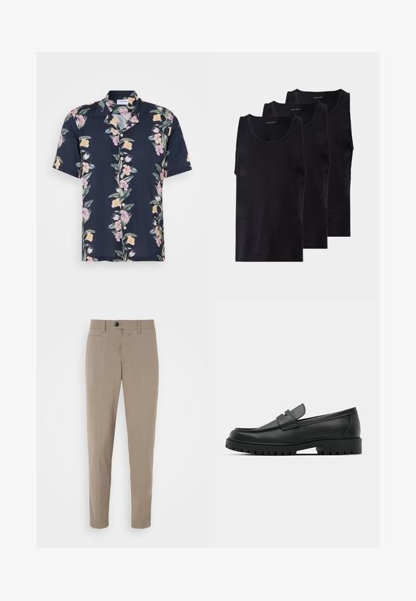 Rövidujjú ing sötét tengeri kékre színezett anyagból, rózsaszín és sárga virágmotívummal, klasszikus gallérral és gombokkal.; Fekete pamut ujjatlan trikók három darabos csomagban, kerek nyakkivágással, sima tapintással és klasszikus szabással.; Beige, slim fit szabású nadrág, cipzáros és elülső zsebes. Simább anyagból készült, amely tiszta megjelenésű.; Fekete bőr loafer cipők kerek orral, varrott mintázattal, alacsony platformtalpú és texturált, barázdált gumitalppal.