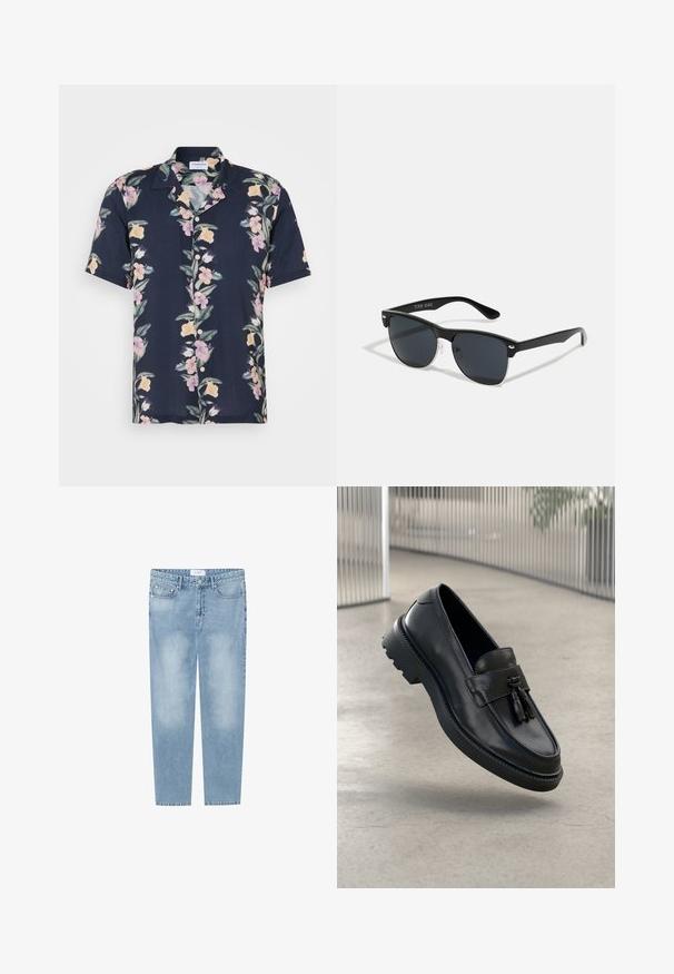 Majica s kratkimi rokavi iz temno mornarsko modrega blaga s cvetličnim vzorcem v roza in rumenih odtenkih, ter klasičnim ovratnikom z gumbi.; Svetlo modri naravni kavbojke s ravnimi hlačnicami, izdelane iz denima. Imajo pet žepov, izblitih delov in oznako na pasu. Brez okrasnih elementov.; Črni usnjeni mokasini z gladkim zaključkom, dekorativnimi cofki, debelim gumijastim podplatom in všitimi poudarki. Lahka in elegantna zasnova.; Črne sončne naočare pravokotne oblike, temna leča, srebrni detajli na ušesih in mat površina na okvirju.