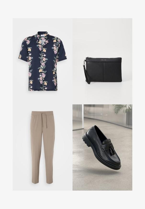 Majica s kratkimi rokavi iz temno mornarsko modrega blaga s cvetličnim vzorcem v roza in rumenih odtenkih, ter klasičnim ovratnikom z gumbi.; Svetlo bež hlače z elastičnim pasom, nastavljivo vrvico in ozkimi nogami. Tkanina se zdi gladka z rahlim sijajem.; Črni usnjeni mokasini z gladkim zaključkom, dekorativnimi cofki, debelim gumijastim podplatom in všitimi poudarki. Lahka in elegantna zasnova.; Črna sintetična torbica s snemanjem na zadrgo, zapestno zanko in gladko teksturo. Ima diskretno šivanje in logotip vtisnjen na sprednji strani.