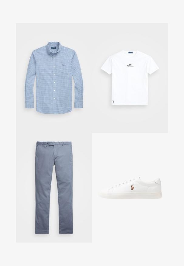 Camisa abotoada com padrão xadrez azul e branco, mangas longas e colarinho clássico. Apresenta um pequeno logotipo no peito.; T-shirt de algodão branca com gola redonda, mangas curtas, logótipo bordado em preto "Polo Ralph Lauren" no peito e pequeno logótipo preto na bainha.; Chinos de algodão azul claro com um corte slim, pernas retas, passantes para cinto e fecho de zip. Apresenta costuras subtis e sem padrões visíveis.; Sapatilhas de couro brancas, design de cano baixo, com textura suave, biqueira redonda, atacadores à frente e um pequeno logótipo bordado na lateral.