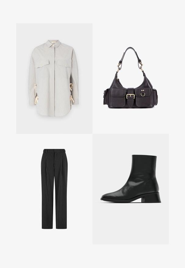 Gestreiftes Hemd in Hellblau und Creme, mit einem Kentkragen, zwei Brusttaschen mit goldenen Knöpfen und verstellbaren Bändern an den Seiten.; Schwarze Nadelstreifenhose mit hoher Taille, gefaltetem Vorderteil und geradem Bein. Der Stoff wirkt strukturiert und ist maßgeschneidert für einen formellen Look.; Schwarze Ankle Boots aus glänzendem Leder, mit einem eleganten Design, spitzer Zehenpartie und einem moderaten Blockabsatz für Stabilität.; Dunkle Lederhandtasche mit zwei Vorderfächern, einer zentralen Schnalle und goldfarbenen Beschlägen. Glatte Textur mit einer gewölbten Silhouette.