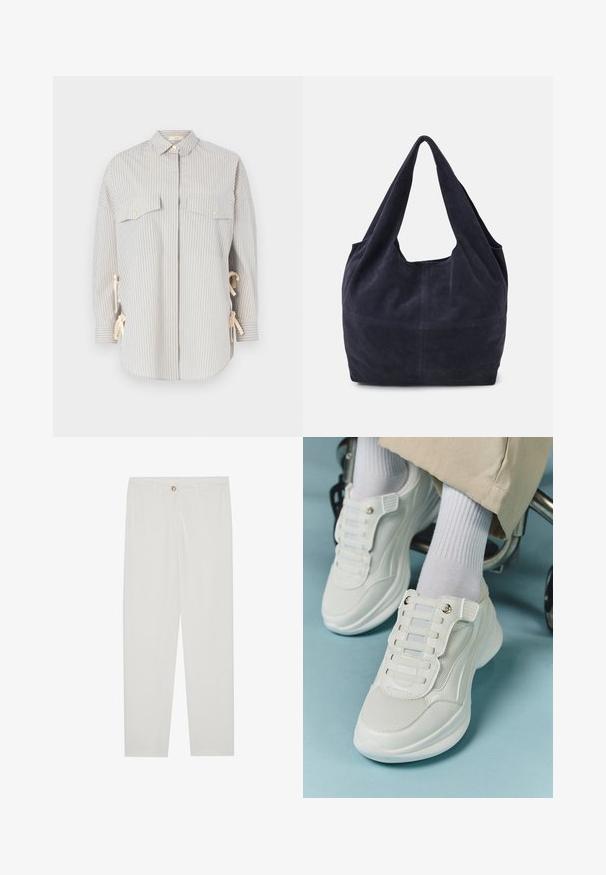 Camisa a rayas en tono azul claro y crema, con cuello tipo spread, dos bolsillos en el pecho con botones dorados y lazos ajustables a los lados.; Pantalones blancos, ajustados, con un diseño de pierna recta, que cuentan con un cierre de botón, lazos para cinturón y bolsillos laterales; textura de tela suave.; Zapatillas blancas con material de malla, suela de goma, diseño sin cordones con bandas elásticas y detalles en tono dorado.; Bolso de ante azul marino con un diseño relajado, correas de hombro anchas y detalle de costura visible en el cuerpo.