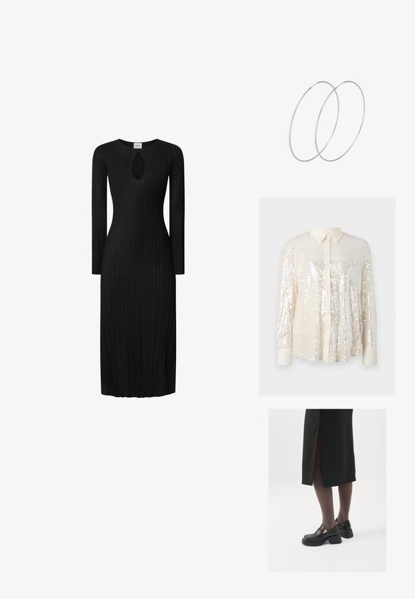 Camicia a bottone in sequins di un delicato color crema. Presenta un colletto classico, maniche lunghe e dettagli luminosi in sequins su tutta la superficie per un aspetto strutturato.; Abito a maglia ribbed nero con maniche lunghe, caratterizzato da un'apertura a chiave sul colletto. Silhouette dritta, lunghezza al ginocchio, tessuto testurizzato.; Scarpe in pelle nera con punta arrotondata, tacco spesso a blocco e accenti laterali in elastico, abbinate a collant scuri e una gonna nera con uno spacco.; Borsa a pochette metallica argentea con una forma morbida e arrotondata e chiusura superiore annodata. Realizzata in materiale sintetico morbido.; Orecchini a cerchio in argento con un design minimalista. Forma circolare, superficie liscia e profilo sottile. Leggeri con una finitura lucida.