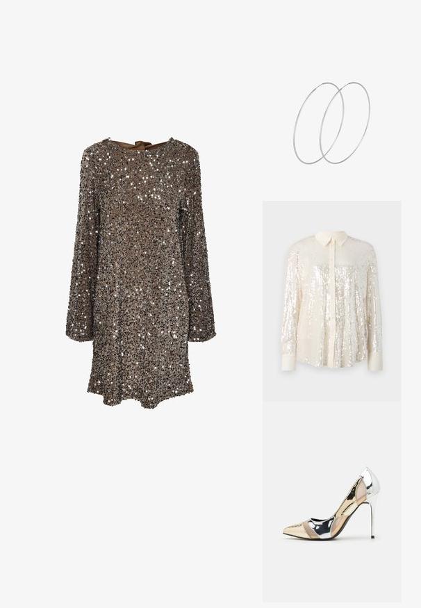Svetleča srajca z gumbi v svetlo kremni barvi. Ima klasičen ovratnik, dolge rokave in sijoče detajle iz bleščic, ki ustvarjajo teksturiran videz.; Robe à manches longues en tissu marron recouvert de sequins argentés, avec un col rond et un détail de nœud au dos. Surface réfléchissante et texturée.; Čevlji z visoko peto in konico, v barvni kombinaciji srebrne, zlate in nude. Sijajna obdelava z izrezljanim dizajnom, z igličasto peto.; Srebrna kovinska torbica z mehko, zaobljeno obliko in zavezano zgornjo zaporo. Narejena iz gladkega umetnega usnja.; Srebrne uhane v obliki obroča z minimalističnim dizajnom. Krožna oblika, gladka tekstura in tanek profil. Lahki s poliranim zaključkom.