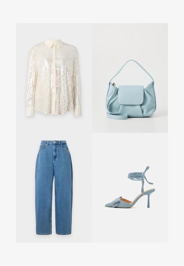 Fényes krémszínű flitteres ing. Klasszikus gallérral, hosszú ujjakkal és csillogó flitteres díszítéssel a texturált megjelenés érdekében.; világoskék farmernadrág egyenes szabással, magas derékkal és elöl gombos záródással. Öt zsebbel rendelkezik és minimális varrási részletek találhatók rajta.; Hegyes orrú magassarkú cipő világoskék szövetből, texturált felülettel, masnis díszítéssel és bokapánttal a biztos illeszkedésért.; Világoskék bőrtáska, felső fogantyúval, elülső fedélzsebkémmel és levehető csuklószíjjal, fehér háttér előtt.