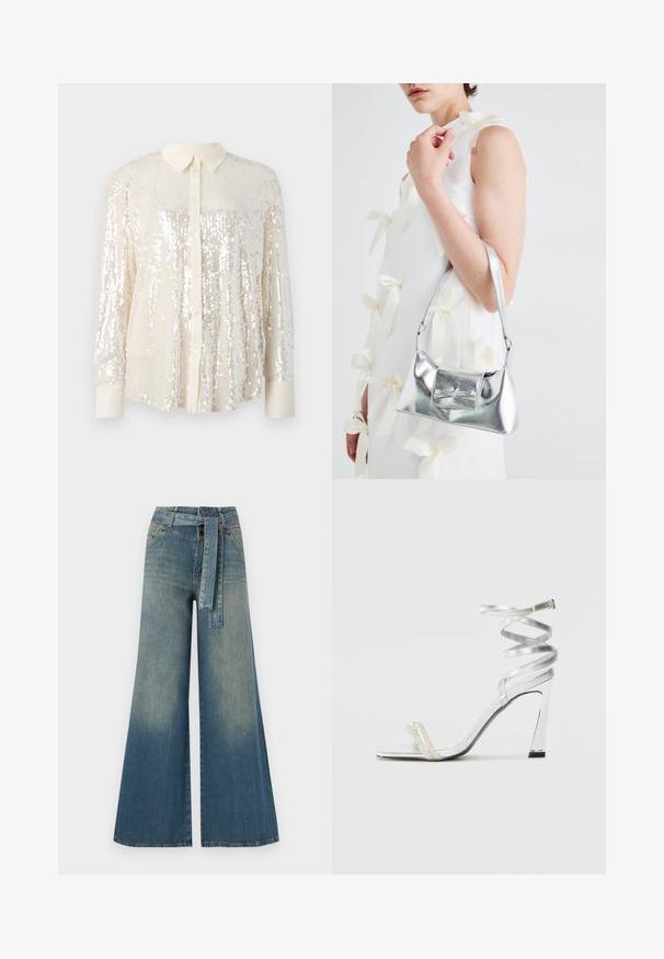 Pailletten-Hemd in hellcreme. Verfügt über einen klassischen Kragen, lange Ärmel und glänzende Paillettenverzierungen für einen strukturierten Look.; Weit geschnittene Denim-Hosen mit einem Farbverlauf von hellblau zu dunkelblau, hoher Taille, Gürtelschlaufen und einem passenden Stoffgürtel. Strukturierte Denim-Oberfläche.; Silberne High-Heel-Sandale mit einem glänzenden Riemen-Design, das einen perlenähnlichen Akzent und einen spiralförmigen Knöchelriemen für einen sicheren Sitz bietet.; Silberne metallische Handtasche mit strukturierter Form, ausgestattet mit einem oberen Griff und einer Schleifenapplikation auf der Vorderseite. Glatte Textur, reflektierendes Finish.