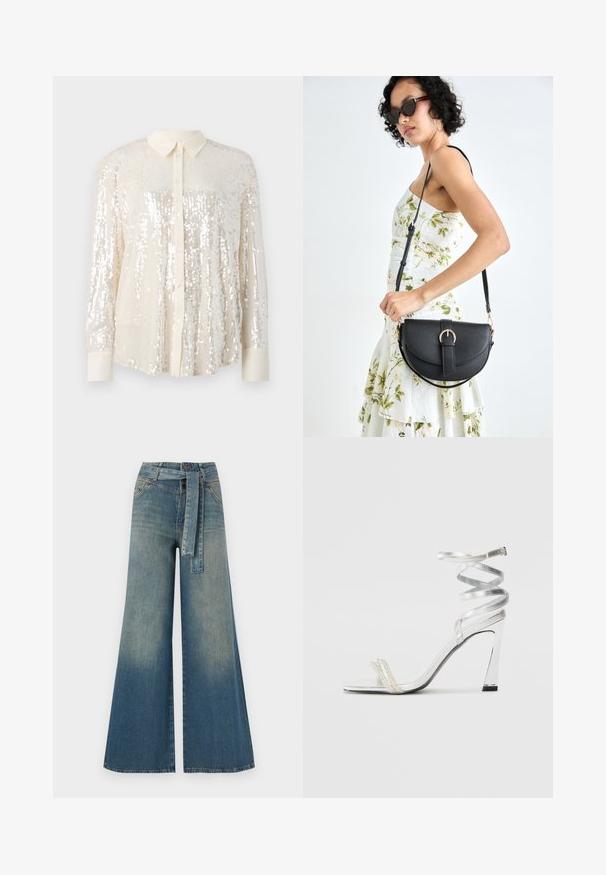 Pailletten-Hemd in hellcreme. Verfügt über einen klassischen Kragen, lange Ärmel und glänzende Paillettenverzierungen für einen strukturierten Look.; Weit geschnittene Denim-Hosen mit einem Farbverlauf von hellblau zu dunkelblau, hoher Taille, Gürtelschlaufen und einem passenden Stoffgürtel. Strukturierte Denim-Oberfläche.; Silberne High-Heel-Sandale mit einem glänzenden Riemen-Design, das einen perlenähnlichen Akzent und einen spiralförmigen Knöchelriemen für einen sicheren Sitz bietet.; Schwarze Lederhandtasche mit geschwungener Form, abnehmbarem Tragegurt und goldenen Beschlägen. Die Tasche verfügt über einen Deckel mit einer Schnallen-Details.