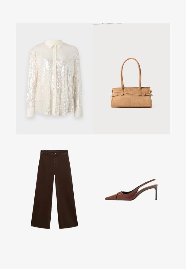 Sequin button-up shirt in light cream. Features a classic collar, long sleeves, and shiny sequin detailing throughout for a textured look.; Brown wide-leg trousers in cotton blend, featuring a frayed hem, front button closure, and classic five-pocket design. Minimalistic and versatile.; Brown leather slingback heel with a pointed toe, cutout detail at the vamp, and a sleek stiletto heel. Smooth texture.; Tan suede handbag with two long handles, rectangular shape, and decorative stitching. Features a side strap and subtle gold hardware accents.