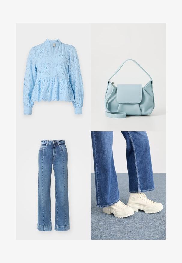 Blusa peplum azzurro chiaro con intricati motivi a occhio di pernice, scollo alto e maniche lunghe a sbuffo, caratterizzata da bordi scallop e tessuto testurizzato.; Jeans in denim azzurro chiaro a gamba larga con vita alta, dotati di tasche frontali e dettagli cuciti. L'orlo è ripiegato e cucito.; Sneaker alta bianche con suole spesse e rigate e dettaglio del logo circolare, indossate con jeans di denim azzurro chiaro a gamba larga.; Borsa a mano in pelle blu chiaro con manico superiore, tasca con pattina frontale e tracolla rimovibile su sfondo bianco.