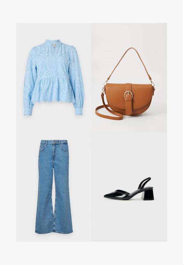 Lyseblå peplum-bluse med intrikate perlebroderier, høy hals og lange puffede ermer, med bølgede kanter og teksturert stoff.; Lyseblå vide jeans laget av denim, med høyt liv, fem lommer og en enkelt knappelukking. Myk tekstur med falmet finish.; Svarte patentlær slingback hæler med spiss tå og geometrisk blokk hæl. Har et stilrent, minimalistisk design og jevn tekstur.; Brun lærcrossbody-veske med en buet form, gullhardware og et spenneakcent. Har en avtakbar skulderreim.