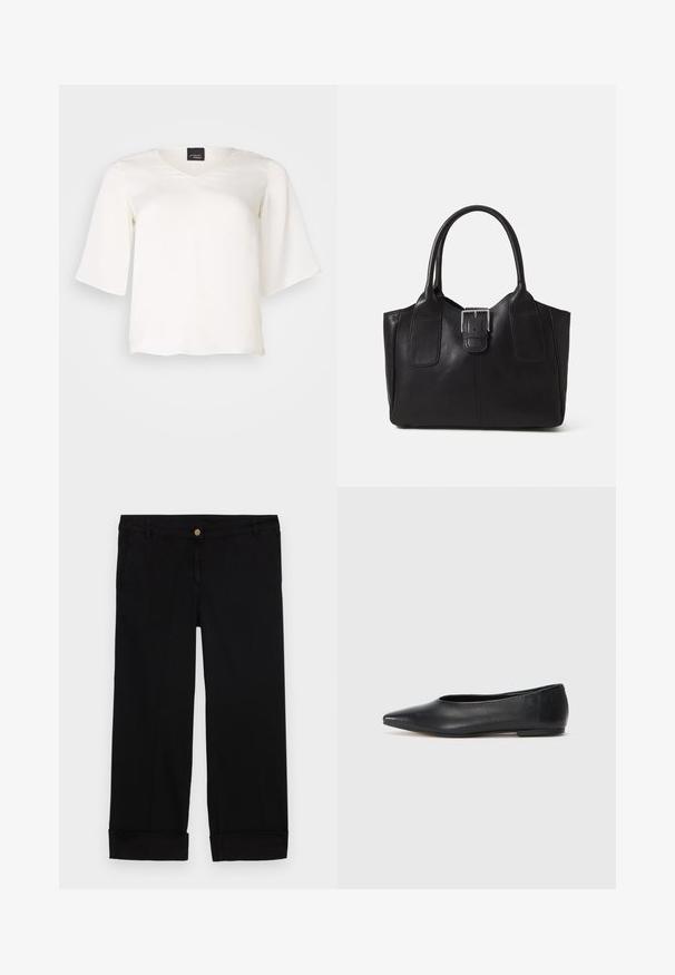 Bluză albă fluidă dintr-un material ușor, cu decolteu în V și mâneci largi. Textură fină, cu o croială lejeră și tiv drept.; Pantaloni negri din bumbac cu croi drept, având buzunare frontale, închidere cu un nasture auriu și manșete răsucite. Textură netedă.; Balerini din piele neagră, vârf ascuțit, design minimalist, textură netedă, toc de mică înălțime, fără hardware sau embellishments vizibile.; Geantă tote din piele neagră cu textură netedă, formă structurată, două mânere și un detaliu proeminent din aliaj de argint pe partea din față.
