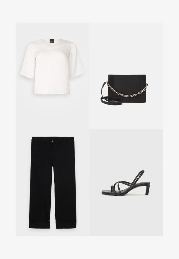 Voľná biela blúzka z ľahkého materiálu s V-výstrihom a širokými rukávmi. Hladká textúra s voľným strihom a rovnými okrajmi.; Čierne bavlnené nohavice so strihom rovného nohavica, ktoré majú predné vrecká, zlaté zapínanie na gombík a ohrnuté manžety. Hladká textúra.; Čierne sandále na vysokom podpätku so štvorcovou špičkou a nízkym blokovým podpätkom. Obsahujú viacero tenkých popruhov a nastaviteľný členkový popruh. Vyrobené z hladkej kože.; Čierna kožená crossbody taška s hladkou textúrou, obdĺžnikovým tvarom a kovovým reťazovým detailom na prednej strane. Súčasťou je nastaviteľný popruh.