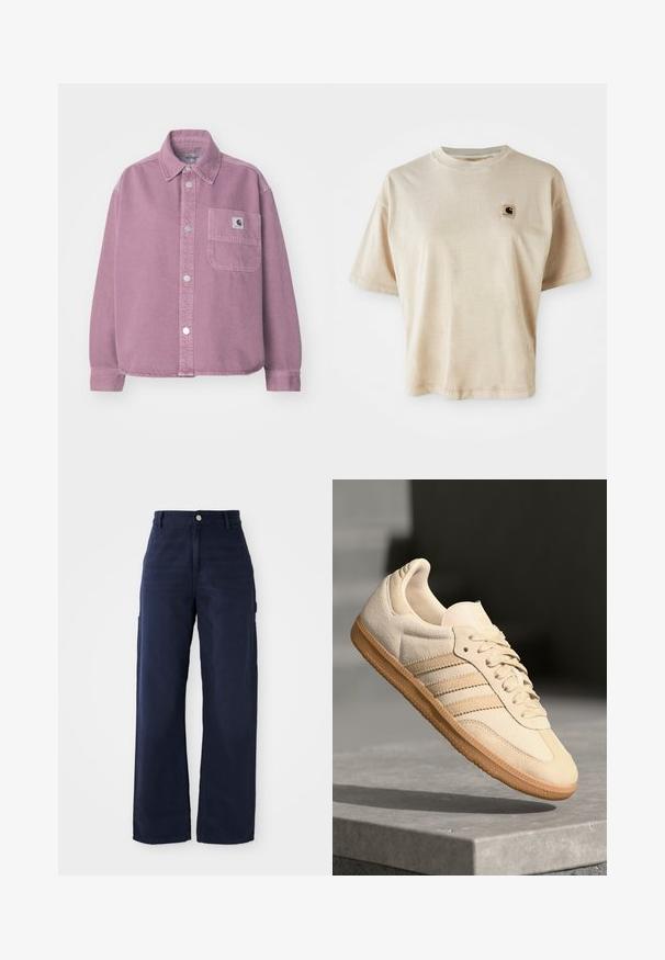 Carhartt WIP GEORGIA - Skjortebluser - dusty fuchsia; Beige bomulds t-shirt med afslappet pasform, rund hals, korte ærmer og et lille firkantet logo patch på venstre brystområde.; Mørkeblåvidde cargo bukser fremstillet af et robust bomuldsstof, der har sidelommer og en knaplukning i taljen.; Lys beige ruskinds sneakers med gummisål, tre diagonale striber og en tekstureret tætsko. Har logo på tungen og siden.