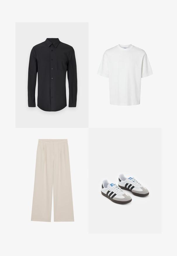 Chemise noire à manches longues en tissu lisse avec un col classique, fermeture à boutons et une poche poitrine du côté gauche.; T-shirt en coton blanc à manches courtes, col rond et coupe décontractée. Texture lisse sans motifs ou accents visibles.; Pantalons larges beiges avec une taille plate, des plis et une ceinture élastique. Fabriqués à partir d'un tissu léger avec une texture lisse.; Baskets avec une tige en cuir blanc, un bout en daim gris et trois bandes noires. Présente un logo bleu sur la languette et une semelle en caoutchouc texturée.