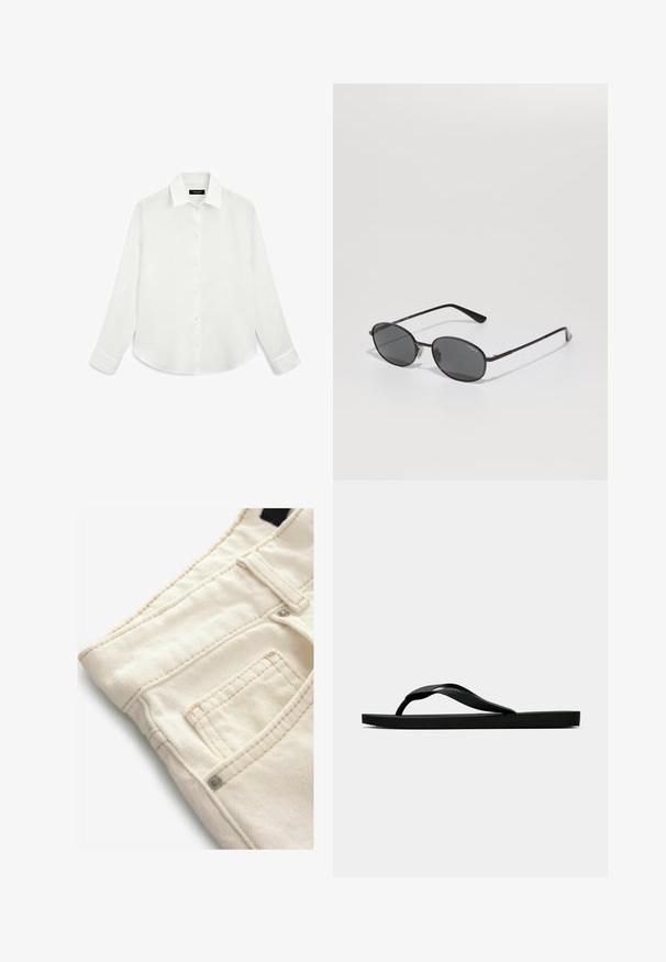 Witte langelijnhemd van lichtgewicht stof, met een omgeslagen kraag, knoopsluiting aan de voorkant en een gebogen zoom met omgeslagen mouwen.; Crème-kleurige spijkerbroek met een gestructureerd oppervlak, voorzien van een klein voorvak en contrasterende stiksels. Ideaal voor casual wear.; Zwarte rubberen flip-flop sandaal met een getextureerde strap en een eenvoudige platte zool, zijaanzicht op een effen lichte achtergrond.; Zwarte ovale zonnebril met donkere lenzen, dunne metalen frame en rechte pootjes. Bevat een merkl logo op de binnenkant van de poot en neussteun.; Zwarte leren handtas met een gestructureerde rechthoekige vorm. Voorzien van een gouden ovale sluiting en een dunne schouderband. Glad van textuur.