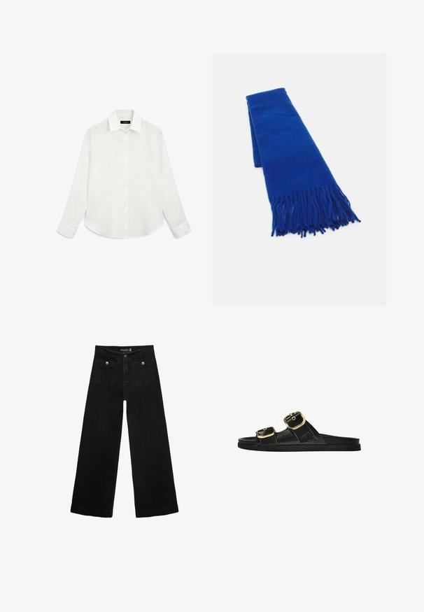 Weißes Langarmhemd aus leichtem Stoff, mit umgeschlagenem Kragen, Knopfleiste und abgerundetem Saum mit geknöpften Ärmeln.; Schwarze, weit geschnittene Jeans mit hoher Taille, die zwei Fronttaschen und metallene Knopfakzente aufweist. Der Stoff hat eine glatte Textur.; Schwarze Riemensandale mit zwei goldenen Schnallendetails, glattem Material, flachem Sohlen und minimalistischer Gestaltung.; Blauer gewebter Schal mit fransigen Enden, glatter Textur, rechteckiger Form und einheitlicher Farbe. Geeignet für kaltes Wetter.