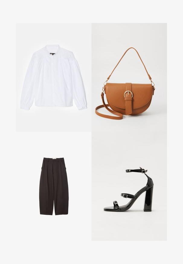 Hvid bluse med høj krave, knaplukning og voluminøse lange ærmer med elastiske manchetter og blonderdetaljer på skuldrene.; Sorte brede bukser lavet af et glat stof, med høj talje, forfaldne folder og sidelommer. Simpelt design uden udsmykninger.; Sorte patenterede hælsandaler med firkantet tå, ankelremme og sølvspænder. Har en chunky blokHæl for stabilitet.; Brun læder crossbody taske med en buet form, guldfarvet hardware og en spændeaccent. Har en aftagelig skulderrem.
