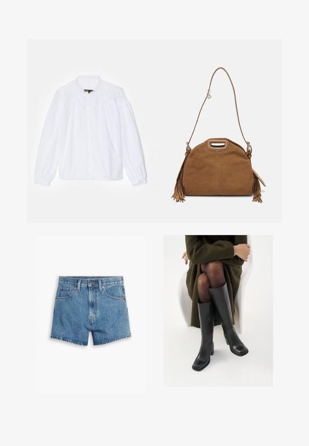 Hvit bluse med høy krage, knappelukking og voluminøse lange ermer med elastiske mansjetter og blonde detaljer på skuldrene.; Lys blå denimshorts med fem lommer, glidelås og knappefeste. Bunnkanten er slitt med et avslappet passformdesign.; Knæhøye sorte lærstøvler med firkantet tå og blokkhelt, vist med en modell som sitter iført en olivengrønn kåpe. Glatt tekstur, minimal detaljering.; Maje Skulderveske - camel