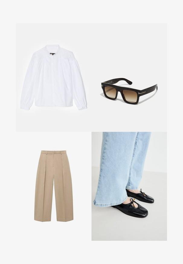 Blusa blanca con cuello alto, cierre de botones y mangas largas voluminosas con puños elásticos y detalles de encaje en los hombros.; Pantalones de pierna ancha beige colgando verticalmente, con pliegues frontales y una cinturilla plana, que muestran un estilo neutral y elegante.; Bailarinas de cuero negro con punta redonda, que presentan un corte y un detalle de lazo, utilizadas con jeans de pierna ancha azul claro.; Gafas de sol de carey con un marco cuadrado, lentes marrones degradados y sutiles acentos dorados en las patillas.
