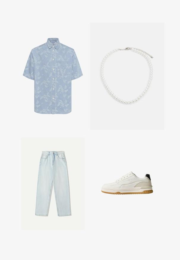 Svijetloplava košulja kratkih rukava s bijelim cvjetnim uzorkom, s kopčanjem sprijeda i jednim džepom na prsima. Izrađena od materijala sličnog denimu.; Svjetloplave traperice s ležernim krojem, ravnim nogavicama, dizajnom s pet džepova i suptilnim izblijedjenjem na tkanini.; Bele superge iz gladkega usnja in sempljega nubuka, gumijast podplat in subtilni sivi poudarki. Imajo šest odprtin za vezalke in črn dodatek na peti.; Bela biserna ogrlica z enakomerno okroglo obliko, gladko površino in kovinsko zaponko z raztegnjeno verigo za prilagodljivo dolžino.