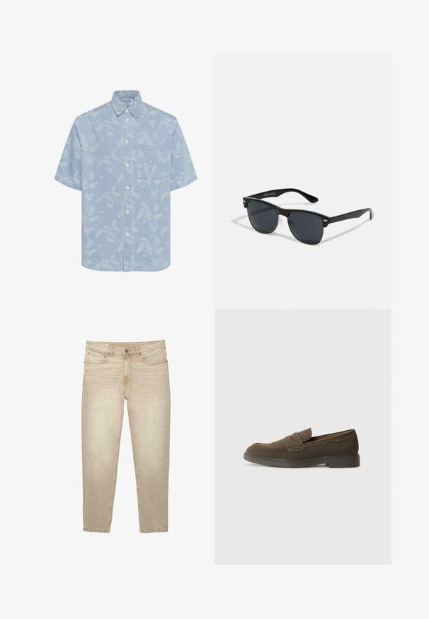Svijetloplava košulja kratkih rukava s bijelim cvjetnim uzorkom, s kopčanjem sprijeda i jednim džepom na prsima. Izrađena od materijala sličnog denimu.; Bež kavbojke s ravnim krojem, petimi žepi, zapiranjem na gumb in zadrgo ter raztrgano obleko na dnu.; Rjavi semenski loafers s zaobljenim nosom, trak iz čez zgornji del in ravnim gumijastim podplatom. Enostavna oblika z čistimi linijami in minimalnim okrasjem.; Črne sončne naočare pravokotne oblike, temna leča, srebrni detajli na ušesih in mat površina na okvirju.