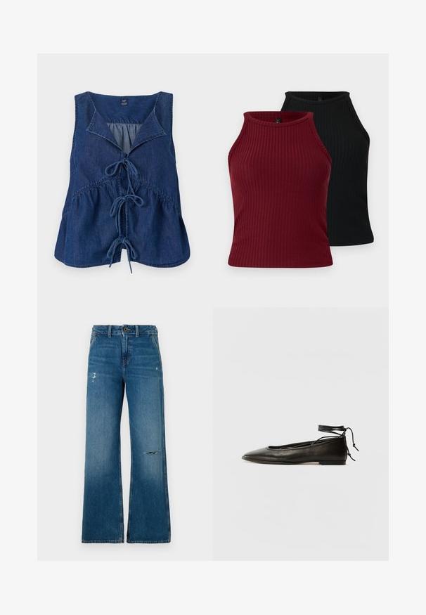 Tamsiai mėlynas džinsinis be rankovių viršus su smaigalio apykakle, su kaklo raiščio detale ir sukaupta juosmens linija. Lygus audinys ir laisvas prigludimas.; Du harmoningi marškiniai: vieni bordo, kiti juodi. Abu turi aukštą kaklą, prigludusią formą ir lygų paviršių.; Mėlyni džinsai su plačiomis kojomis, turintys nusidėvėjusį tekstūrą, su dviem suplėšytais plotais priekyje, mygtuko uždarymu ir penkių kišenių dizainu.; Juodi odiniai balerinų bateliai su smailiu pirštu, kulkšnies raiščiu ir plokščiu padu, pasižymintys lygiu paviršiumi ir minimalizmo dizainu.