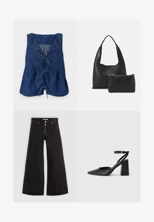 Sötétkék farmer anyagú, ujjatlan felső hegyes gallérral, megkötős részlettel és ráncolt derékkal. Simább textúrájú, laza szabású.; Fekete denim széles szárú farmer, cipzáros elejével, öt zsebes kialakítással és diszkrét varrással. Sima textúra és laza stílus.; Fekete bőr, hegyes orrú magassarkú cipő boka pánttal és vastag sarokkal. Sima textúra, elegáns dizájn és minimális esztétika.; Even&Odd Kézitáska - black
