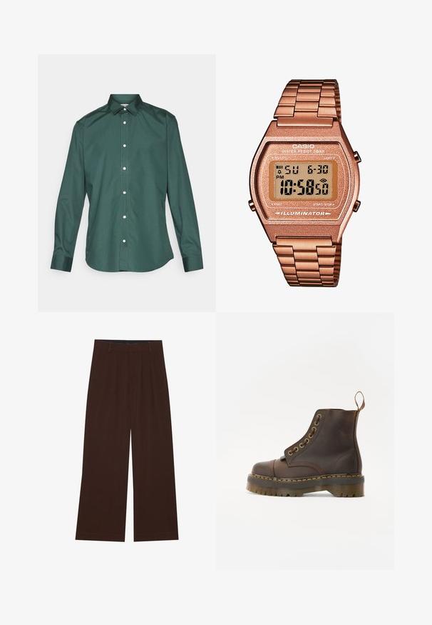 Green button-up shirt made of smooth fabric, featuring a classic collar, long sleeves, and white buttons along the front. No patterns.; Brown wide-leg trousers with pleats. Made of a smooth fabric, featuring a tailored waistband and side pockets. Flat hem at the bottom.; Brown leather ankle boot with a round toe, contrasting yellow stitching, decorative metal eyelets, and a grooved rubber sole.; Digital Casio watch with a rose gold metal band, rectangular case, illuminated display, and water resistance, showing time and date.