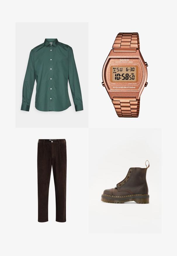 Grön knäppt skjorta i slätt tyg, med klassisk krage, långa ärmar och vita knappar fram. Ingen mönstring.; Redefined Rebel JOHN COMFORT FIT - Tygbyxor - demitasse; Brun läderankelboot med rund tå, kontrasterande gul söm, dekorativa metallhål och en räfflad gummisula.; Digital Casio-klocka med armband i roséguld, rektangulärt hölje, belyst display och vattentålighet, som visar tid och datum.