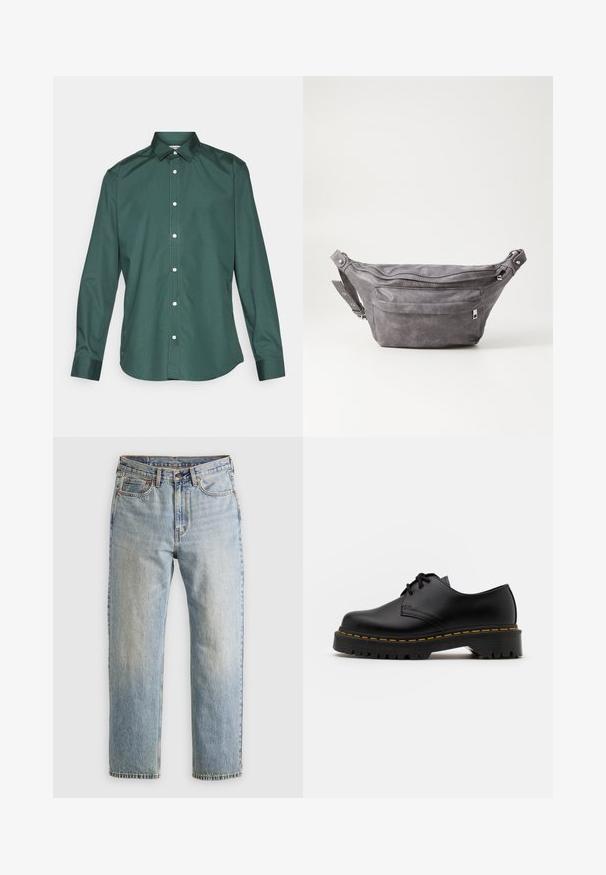 Zöld gombos ing sima anyagból, klasszikus gallérral, hosszú ujjakkal és fehér gombokkal az elején. Nincs mintázata.; Világoskék farmernadrág magas derékkal, elülső gombbal, cipzárral és öt zsebbel, sima háttérre fektetve.; Fekete bőr, fűzős cipő lekerekített orral, texturált gumitalppal és sárga varrással az alján. Lapos design és sima felület.; Szürke velúr övtáska kerek formával, két cipzáras rekesszel és állítható pánttal. Fém dekorációval rendelkezik.