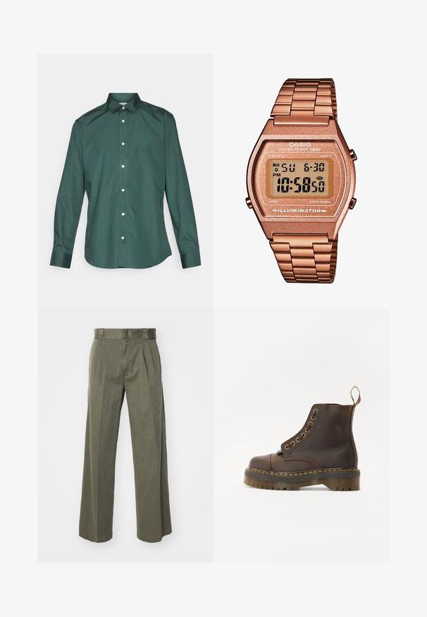 Camicia verde con bottoni, realizzata in un tessuto liscio, caratterizzata da un colletto classico, maniche lunghe e bottoni bianchi lungo la parte anteriore. Nessun motivo.; Pantaloni verde oliva con un design ampio e svasato, dotati di pieghe frontali. Realizzati in tessuto strutturato, con una vita standard e senza elementi di fissaggio visibili.; Stivale alla caviglia in pelle marrone con punta tonda, cuciture gialle a contrasto, occhielli decorativi in metallo e suola in gomma scanalata.; Orologio digitale Casio con cinturino in metallo rosa dorato, cassa rettangolare, display illuminato e resistenza all'acqua, che mostra l'ora e la data.