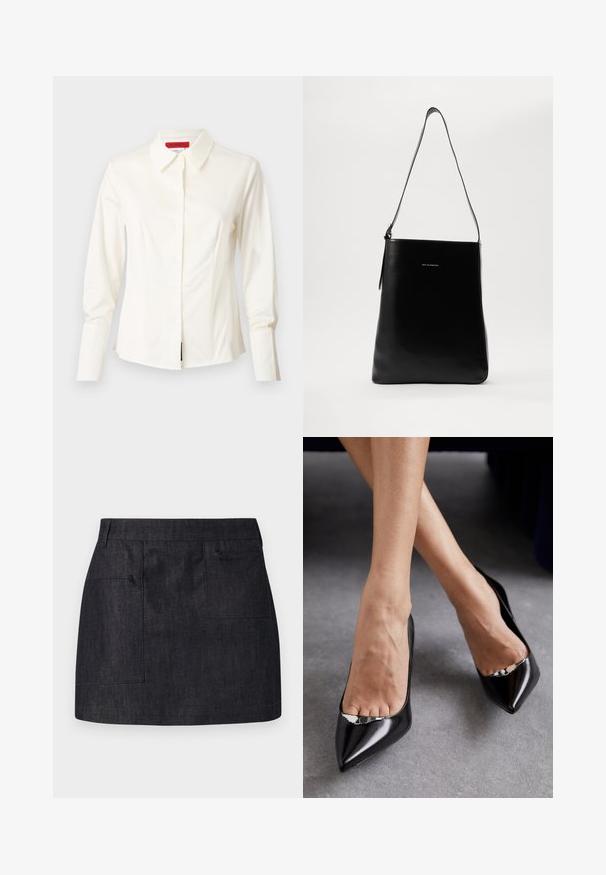 Camicia bianca con colletto in tessuto morbido, con maniche lunghe, chiusura a bottoni e una vestibilità scolpita con leggere pince frontali per dare forma.; Gonna in denim scuro a taglio dritto, con due tasche frontali e una trama sottile. Orlo pulito e design della cintura standard.; Scarpe nere in pelle con tacco alto, punta affilata e design aperto, caratterizzate da un accento decorativo in argento. Texture liscia con finitura lucida.; Borsa a tracolla in pelle nera con texture liscia, forma rettangolare e tracolla lunga; presenta un piccolo logo bianco al centro.