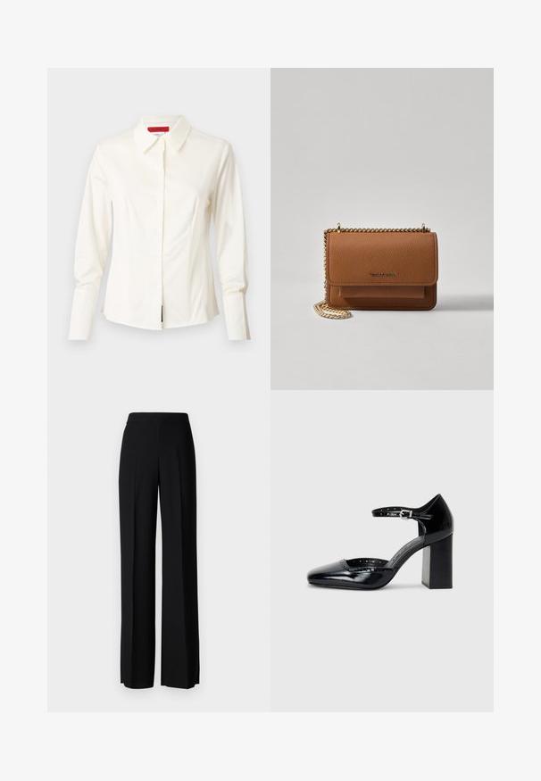 Hvit skjorte med krage i et glatt stoff, med lange ermer, knappelukking og en skreddersydd passform med subtile forsider for form.; Sorte vidde bukser med en glatt tekstur, med høy midje og sentrale folder. Ingen synlige mønstre eller maskinvaredetaljer.; Sorte lakk lær høye hæler med firkantet tå, ankelrem og chunky hæl. Inkluderer perforerte detaljer langs kanten.; Brun teksturert lær crossover-veske med gullkjede-stropp og klaffelukking. Fronten har logo-detalj og en lomme under klaffen.