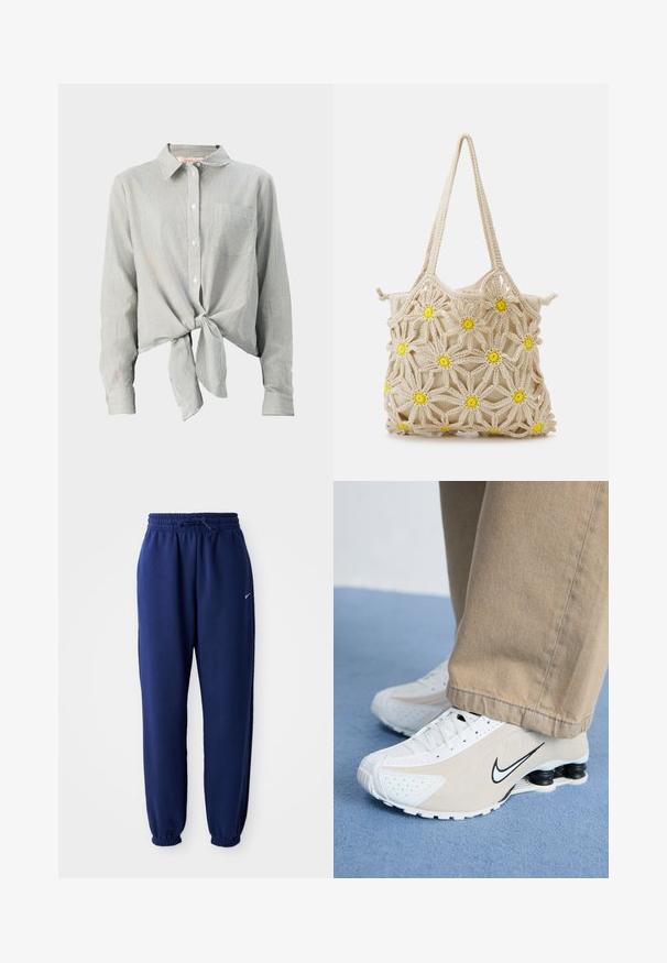 Košeľa na gombíky so zelenými a bielymi pruhmi, má zaviazanie vpredu, dlhé rukávy a náprsné vrecko. Vyrobená z ľahkej textílie.; Námornícke modré tepláky vyrobené z jemného materiálu s elastickým pásom na šnúrku, elastickými manžetami a malým bielym logom.; Biele a béžové tenisky Nike s perforovaným dizajnom, čiernym logom swoosh, textúrovaným zvrškom a charakteristickou pružnou čiernou pätou.; Háčkovaná taška v béžovej farbe s kvetinovým vzorom, zdobená žltými akcentami. Dve pevné uchá na nosenie, mäkká textúra a otvorený dizajn.