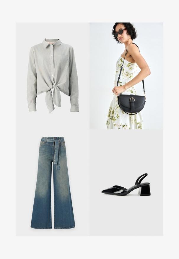 Srajca s gumbki v zeleni in beli črti, z vrvico na sprednji strani, dolgimi rokavi in žepom na prsih. Narejena iz lahkotnega materiala.; Široke jeans hlače z gradientom od svetlo do temno modre, visokim pasom, zankami za pas in pasom iz istega materiala. Tekstura denim končnica.; Črne lakirane slingback pete s koničastim nosom in geometrijsko blokasto peto. Imajo eleganten, minimalističen dizajn in gladko teksturo.; Črna usnjena torbica s ukrivljeno obliko, z odstranljivo naramnico in zlatimi dodatki. Torbica ima pokrov s podrobnostmi v obliki zaponke.