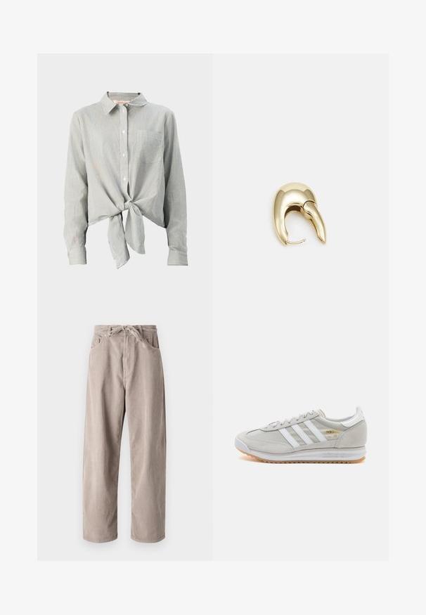 Roheline ja valge triibuline särk, millel on ees nöör, pikad varrukad ja rinna tasku. Valmistatud kergest kangast.; Beige kammkootud püksid, millel on mugav lõige, paelaga vöökoht, kaks eesmist taskut ja vertikaalne soonik tekstuur.; Heled hallid tossud, mis on valmistatud nubukist ja võrgust, millel on kolm valget triipu, ümmargune varvas ja kummist tald. Kuldne logoelement paelte lähedal.; Kuldtooni metallist kõrvarõngas, millel on elegantne ja kaarjas disain. Omab silmapaistvat teravat kuju, poleeritud pinda ja hingesulgemist.